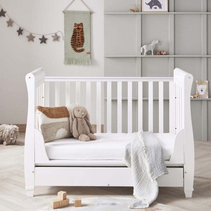 Babymore Eva Sleigh Cot Bed Drop Side with Drawer
