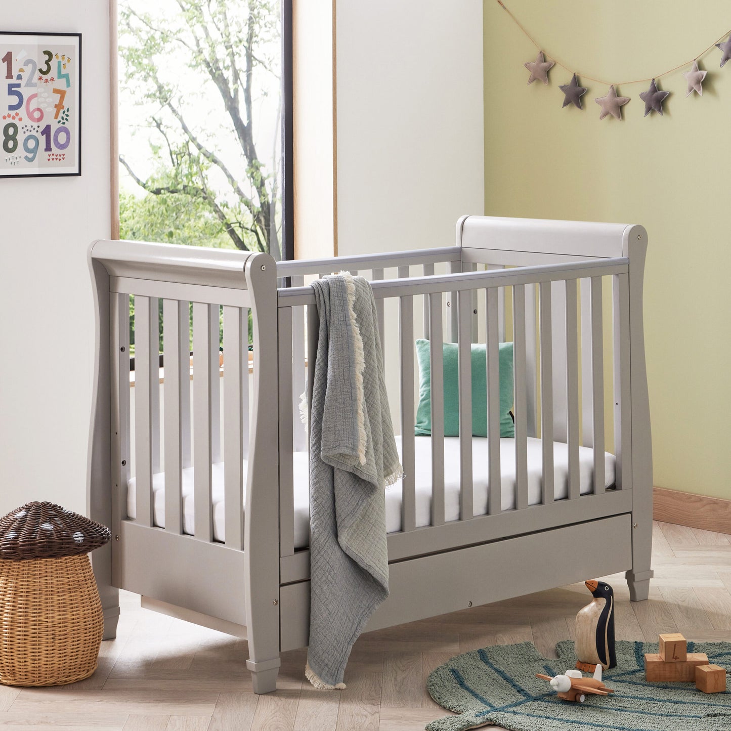 Babymore Eva Sleigh Cot Bed Drop Side with Drawer