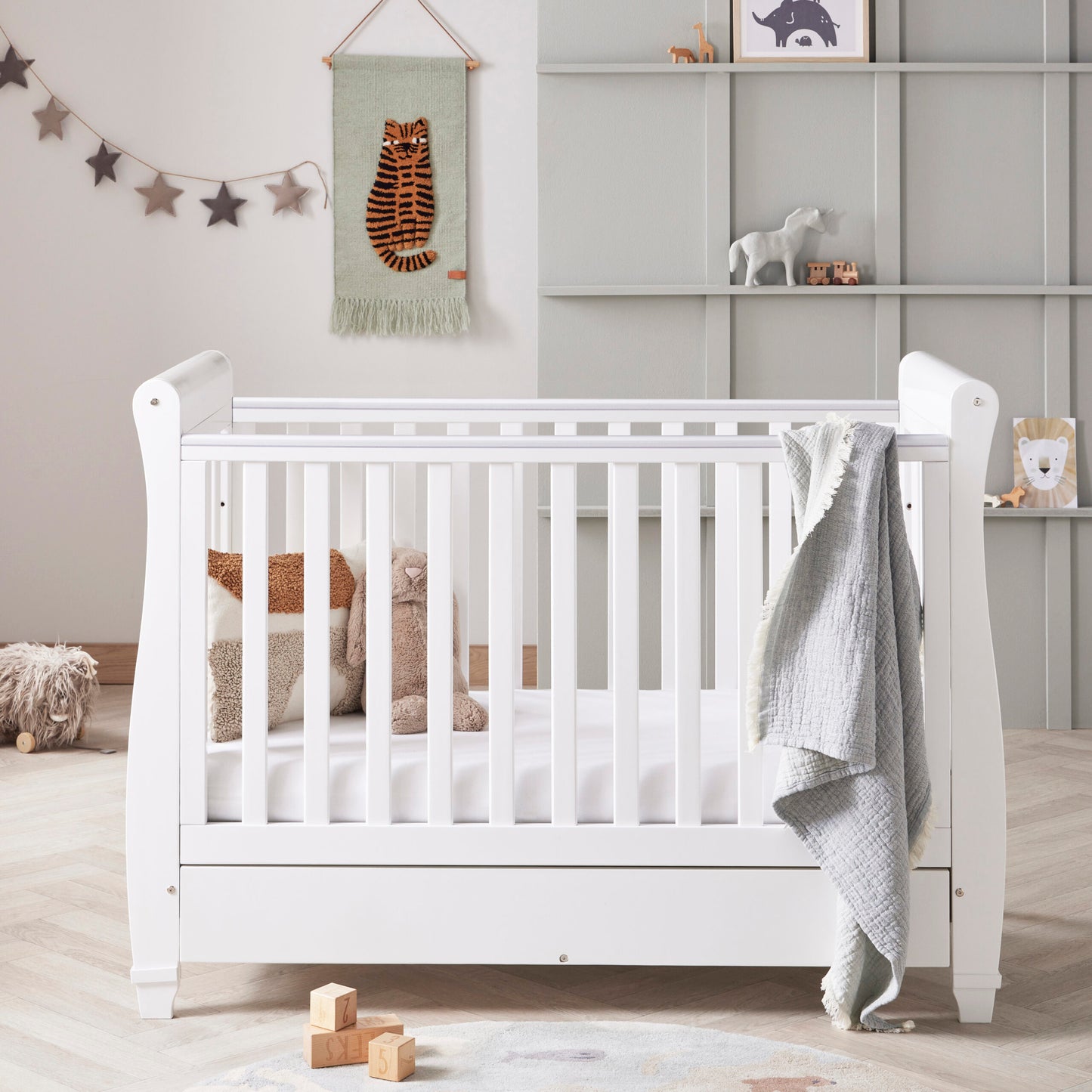 Babymore Eva Sleigh Cot Bed Drop Side with Drawer