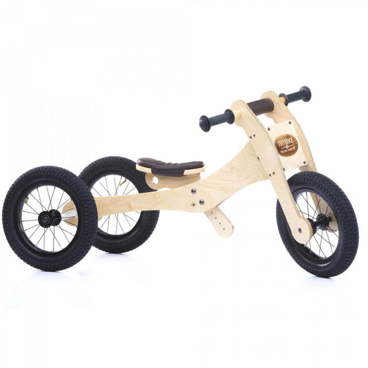 Trybike - Natural Wood 4 In 1 Balance Bike with Brown Seat Cover and Safety Pad
